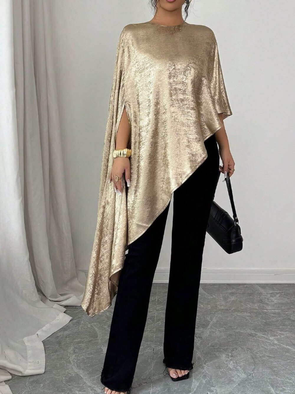 Gold Women's Elegant flowy asymmetrical blouse Top - Picture 5 of 6